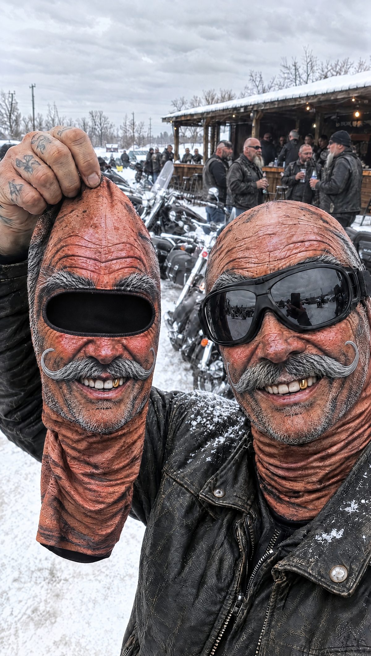 Biker at a bike meet holding up a spare grandpa mask