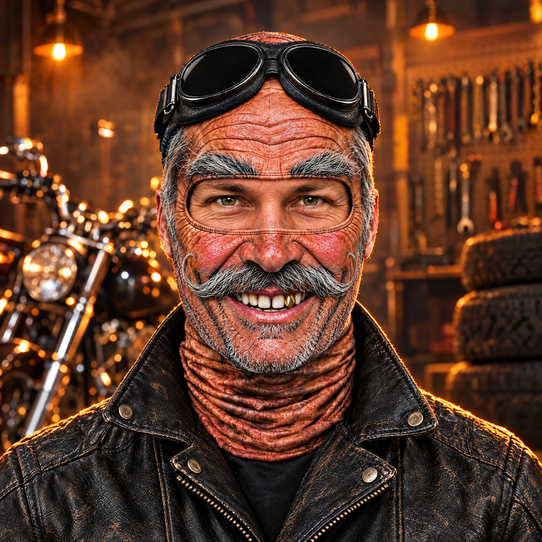 Biker wearing the grandpa face mask in a motorcycle garage